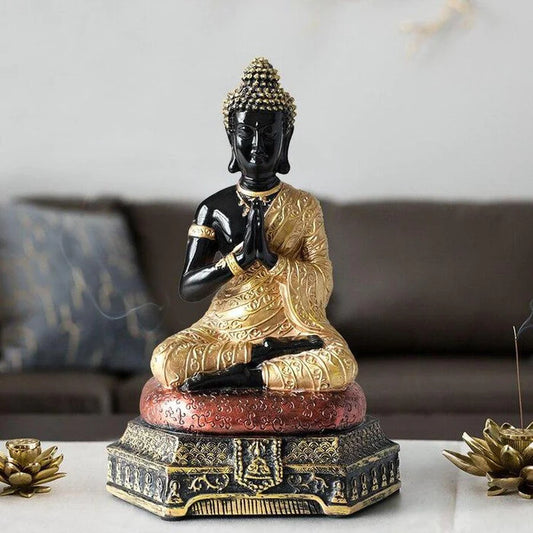 Statue de Bouddha Anjali-Mudra Assis - Paix et Bienvenue en Noir et Doré - Spirit-Jewels